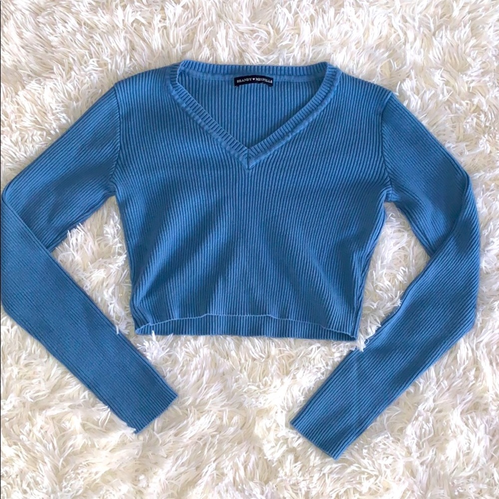 Brandy Melville Blue Ribbed Crop Top V-Neck